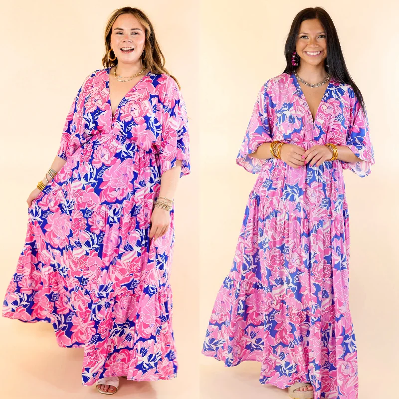 Waving Hello Floral Maxi Dress with V Neckline in Blue and Pink