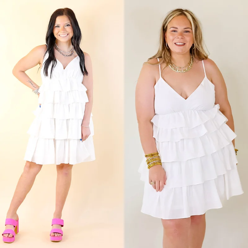 Last Chance Size Medium | Dare to Dance Ruffled Spaghetti Strap Dress in White