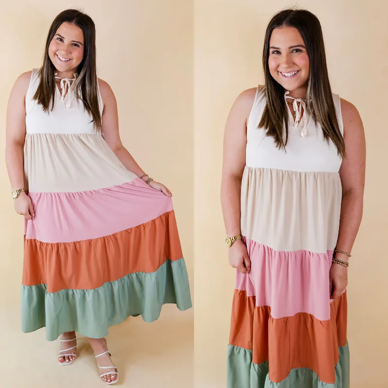 Calm Waters High Neck Tiered Maxi Dress in Cream Mix