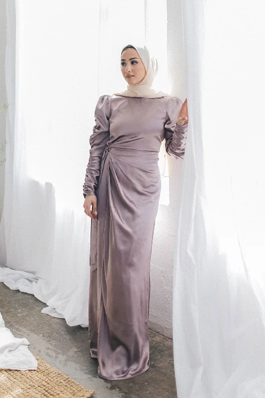 Amelia Wrap Satin Dress- Lavendar