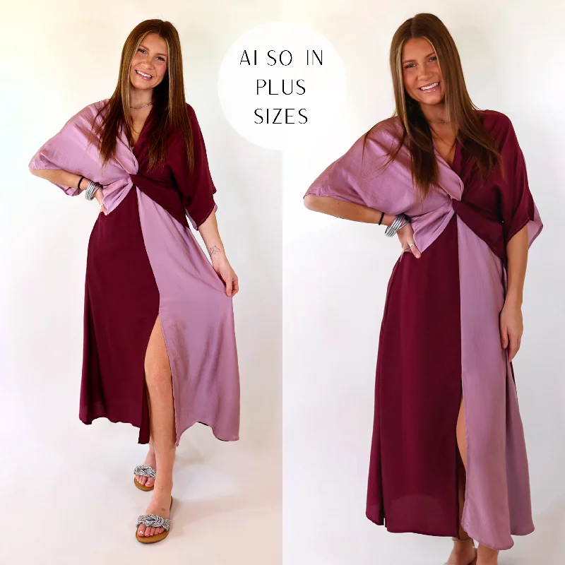 Take My Breath Away Front Knot Color Block Midi Dress in Purple Mix