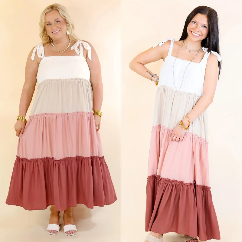 Weekend in Capri Tiered Maxi Dress with Adjustable Tie Straps in Mauve Mix