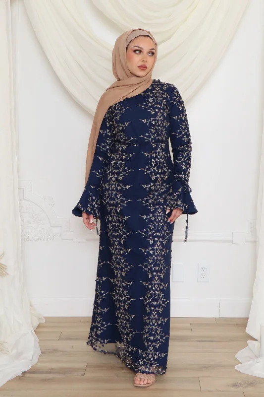 Elena Embroidery Maxi Dress- Navy Blue