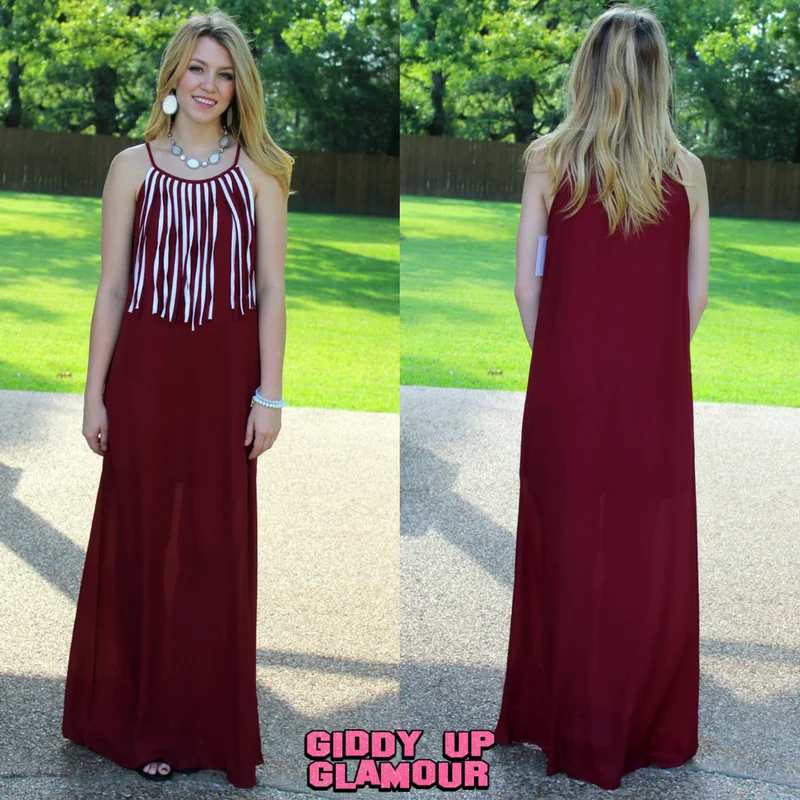 Last Chance Size Small | I'm So Fringy Maxi Dress in Maroon & White