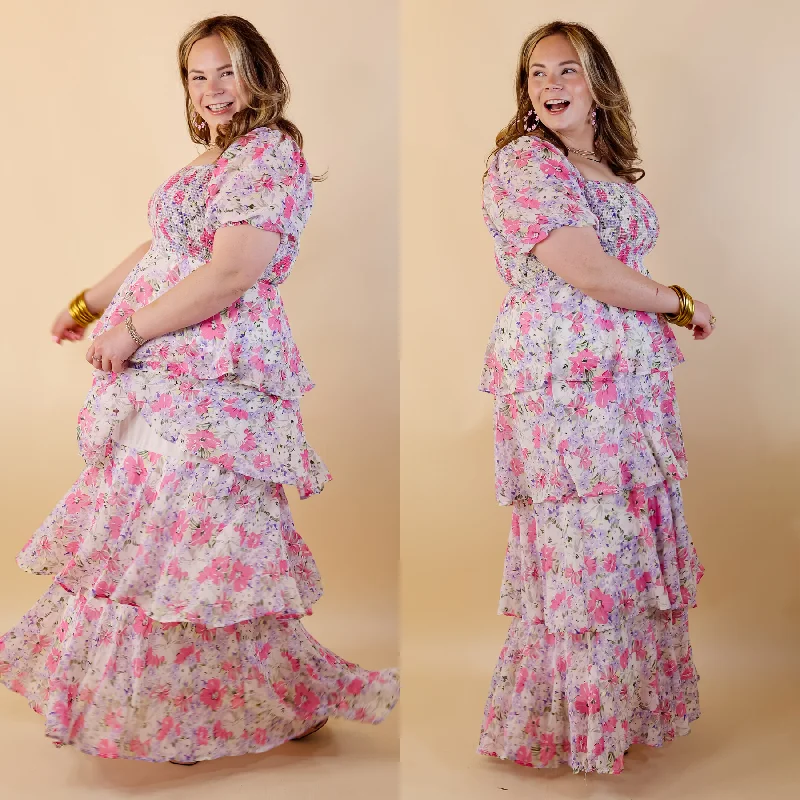 Fun Feeling Floral Tiered Maxi Dress with Smocked Balloon Sleeves in Pink Mix