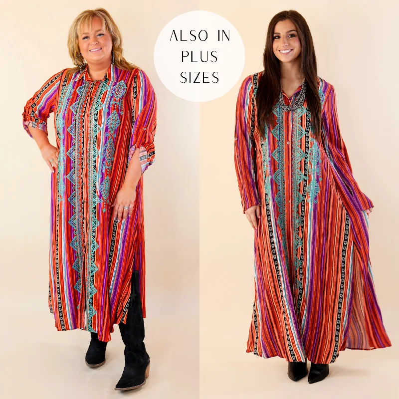 I'm All That Long Serape Button Up Dress with Aztec Print Embroidery