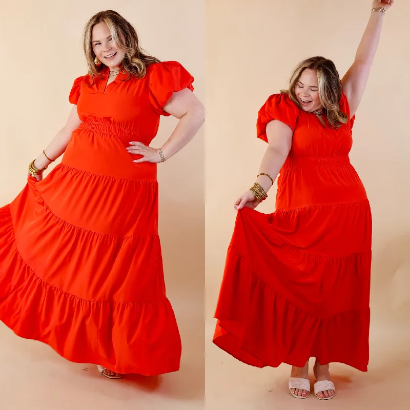 Table for Two Tiered Maxi Dress with Puff Sleeves in Red