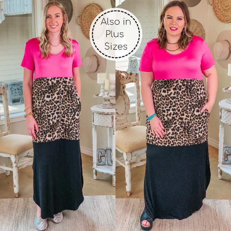 Last Chance Size Small | Change of Plans Leopard Print Color Block Maxi Dress in Hot Pink