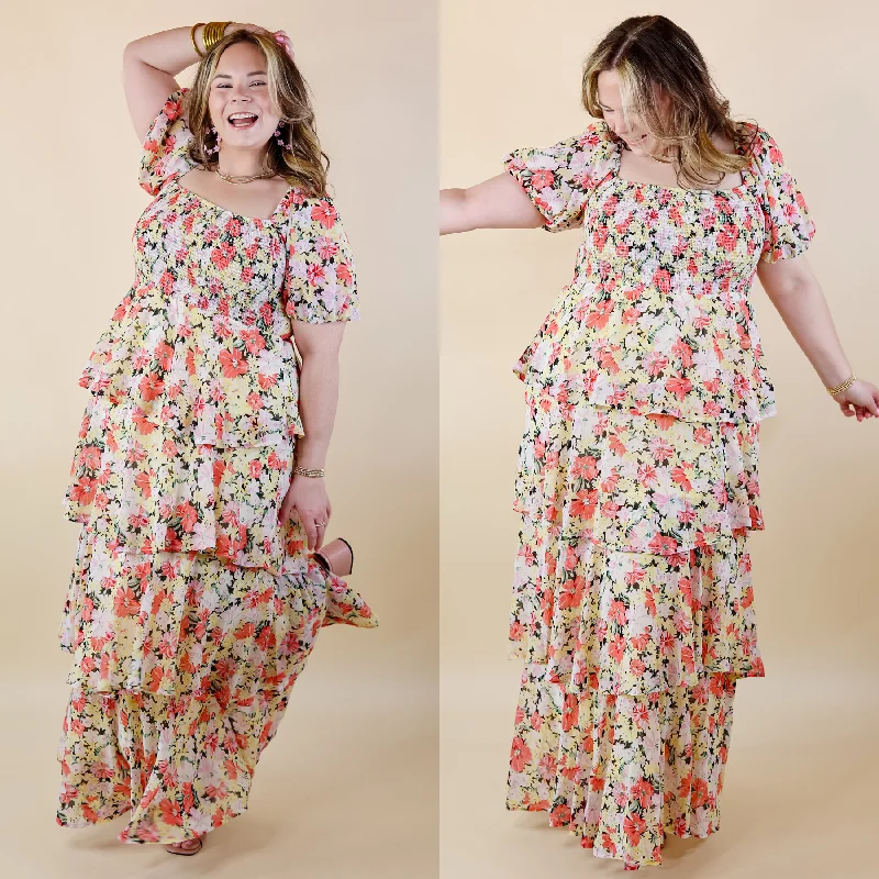 Fun Feeling Floral Tiered Maxi Dress with Smocked Balloon Sleeves in Yellow Mix