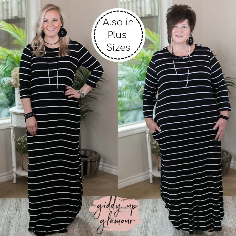 Last Chance Size Small & Medium | Set The Tone Stripe Maxi Dress with Pockets in Black