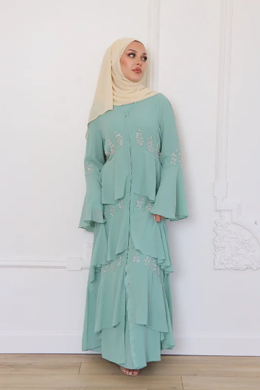 Mouna Chiffon Layered Abaya - Mint