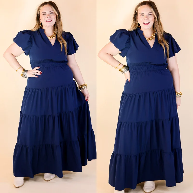 Table for Two Tiered Maxi Dress with Puff Sleeves in Navy Blue