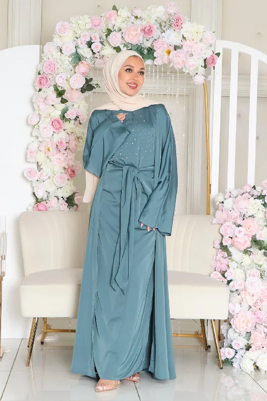 Celene Beaded Wrap Abaya Set- Teal