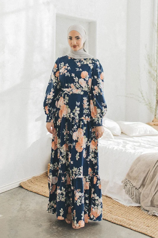 Nova Smock Floral Dress- Navy Blue