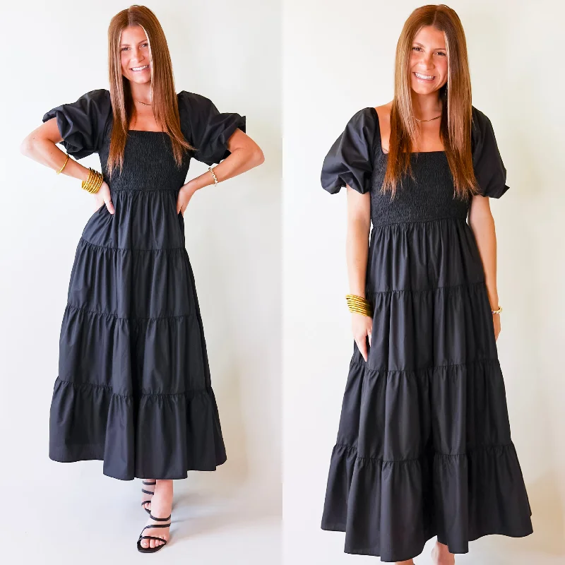 Santorini Sunshine Short Balloon Sleeve Maxi Dress in Black