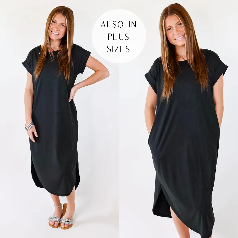 Last Chance Size Small & XL | Chill Looks Short Sleeve Thin Ribbed Midi Dress in Black