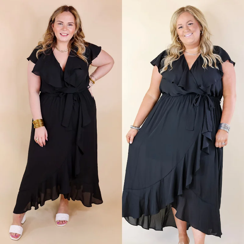 Tranquil Touch Ruffle Midi Dress with Waist Tie in Black