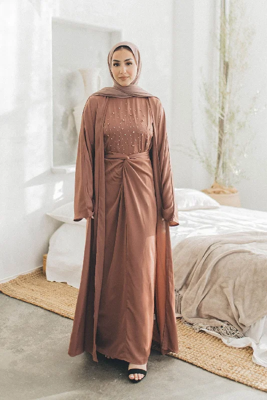 Celene Beaded Wrap Abaya Set- Nude Pink