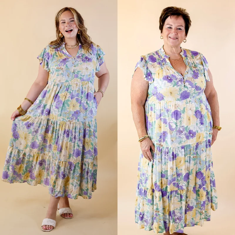 Strolling Down Sunset Floral Tiered Midi Dress in Purple and Green Mix