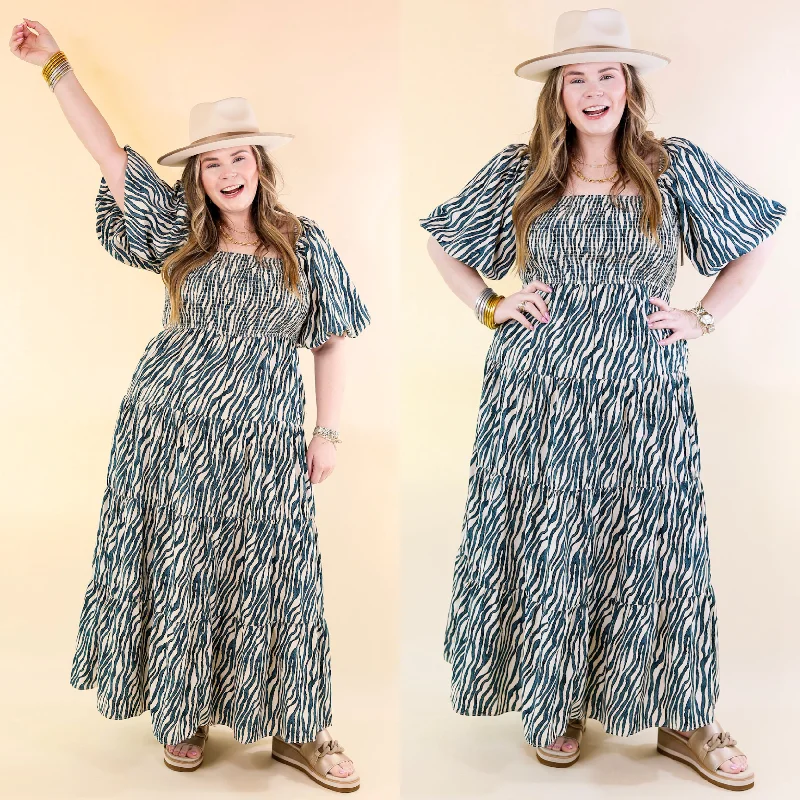 Santorini Sunshine Short Balloon Sleeve Zebra Print Maxi Dress in Teal Blue