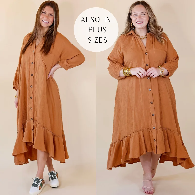 New England Nights Button Up Ruffle Hem Midi Dress in Camel