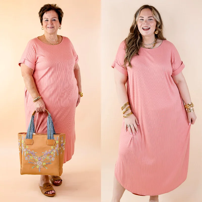 Chill Looks Short Sleeve Ribbed Midi Dress in Dusty Rose