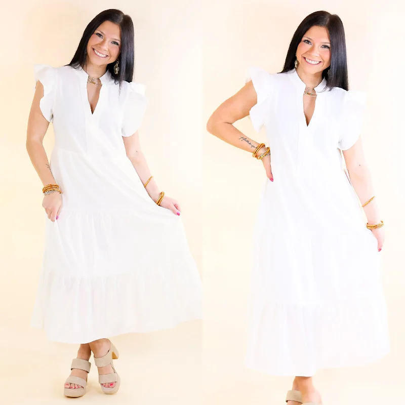 Magnolia Morning Ruffle Cap Sleeve Tiered Midi Dress in White