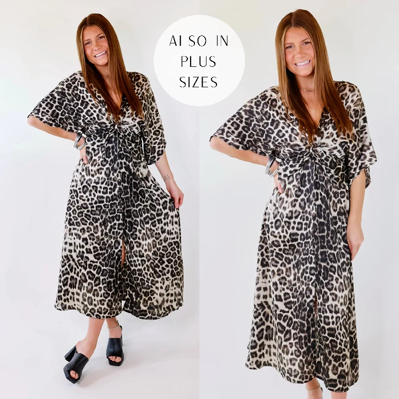 Take My Breath Away Front Knot Leopard Print Midi Dress in Grey