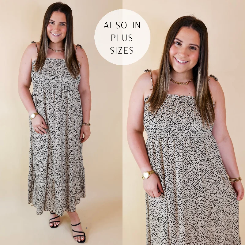 Last Chance Size 2XL | Wild Thoughts Dotted Print Maxi Dress with Spaghetti Straps in Taupe