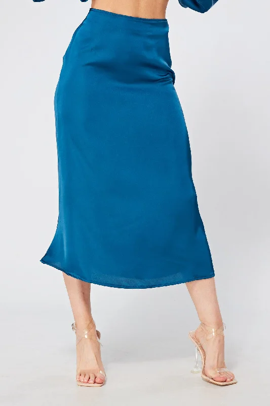 Elisa Blue Satin Flare Midi Skirt