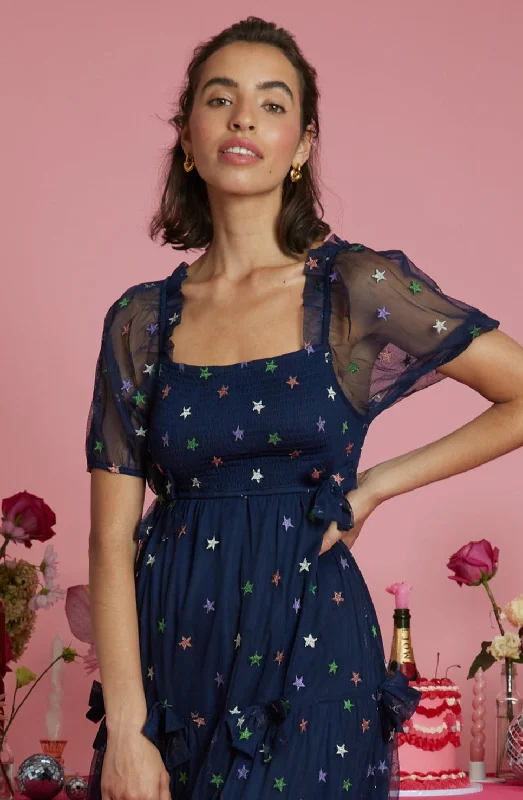 Evelyn Rainbow Star print Navy Tulle Midi Dress