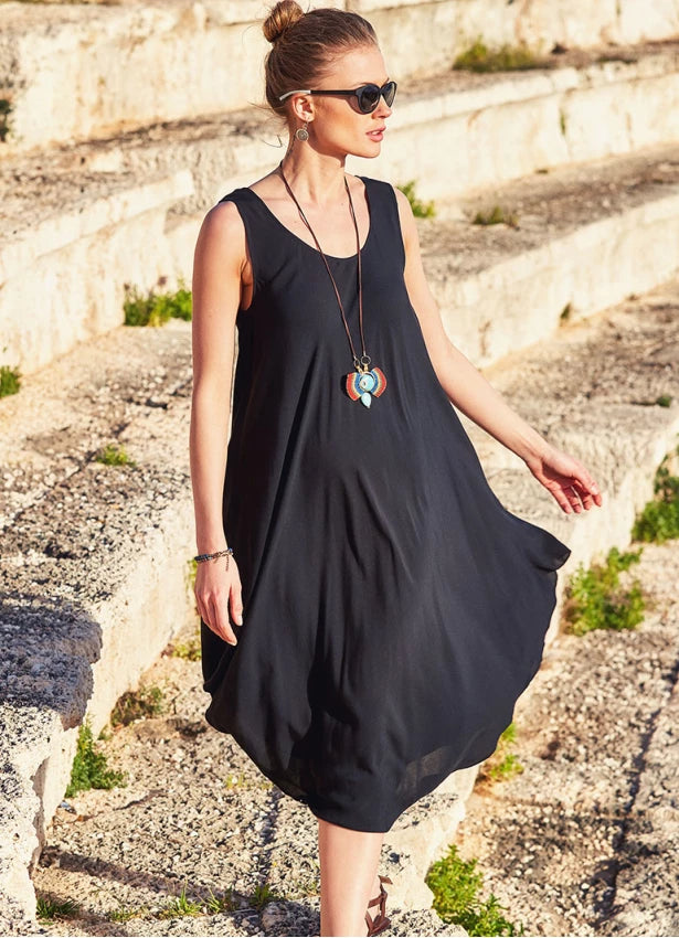 Bohemian Boat Neck Bolt Cut Gypsy Midi Black Dress