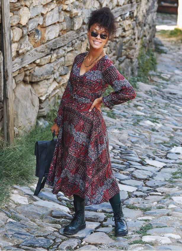 Boho Style Ruffle Sleeve Ethnic Print Midi Dress