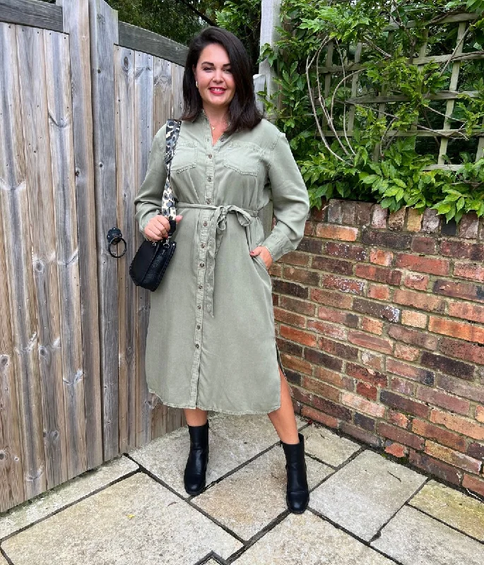 Khaki Tencel Belted Midi Shirt Dress