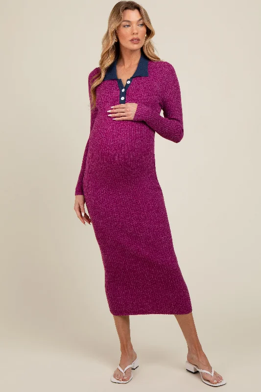 Magenta Collared Button Front Long Sleeve Maternity Midi Sweater Dress