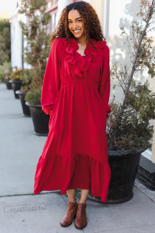 Overlap Ruffle V Neck Midi Dress