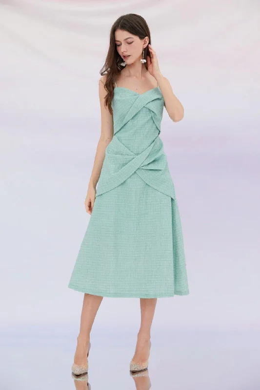 Emilia Bows Detail Straps Midi Dress in Green