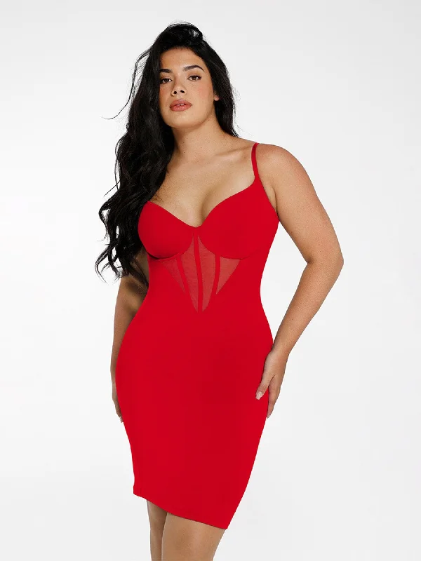 Shapewear Mesh Corset Panel Built-In Sculpting Midi Dress