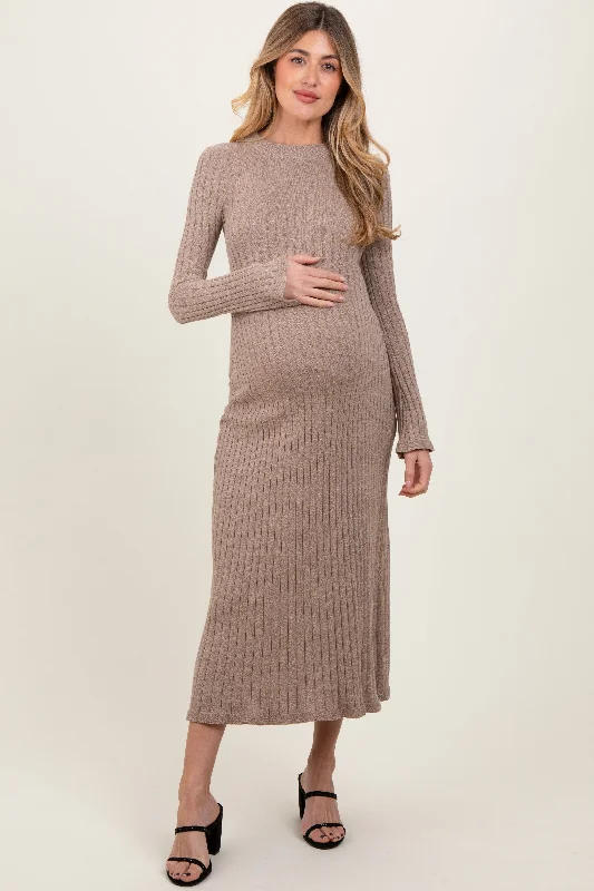 Light Mocha Ribbed Knit Maternity Midi Sweater Dress