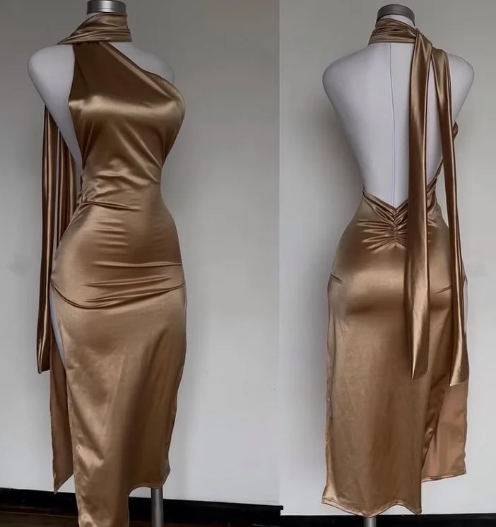 Charming Gold Halter Sheath Satin Midi Length Evening Party Dress DP3938