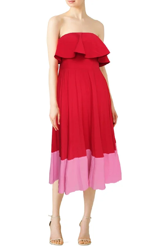 Strapless Colorblock Popover Midi Dress with Pleated Skirt