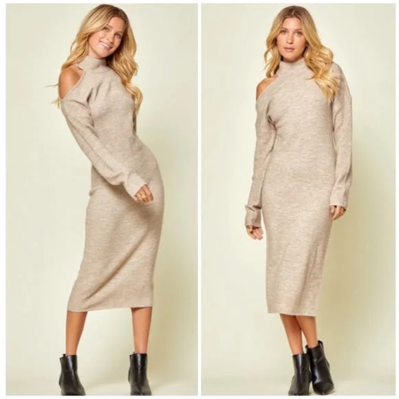 Oyster Cold Shoulder Knit Midi Sweater Stretchy Sexy Dress Womens