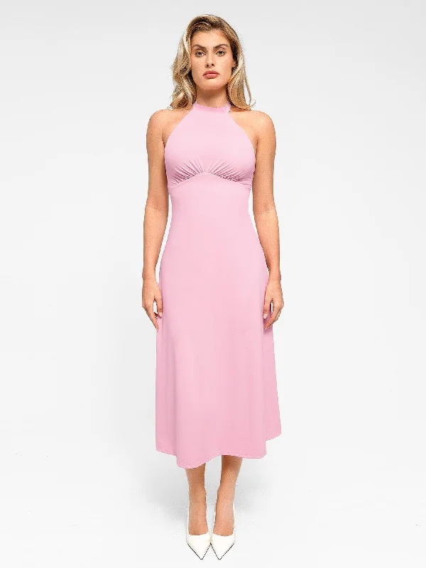 Shapewear Sculpting Backless Halter A-Line Midi Dress