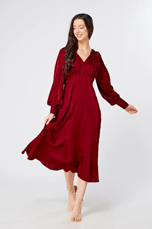 Nora Deep Red Satin Midi Dress