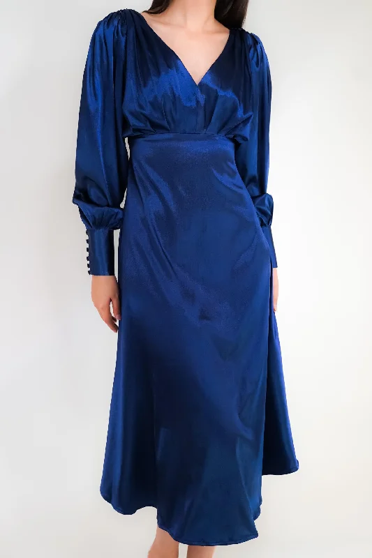 Celeste Dark Blue Premium Satin Midi Dress