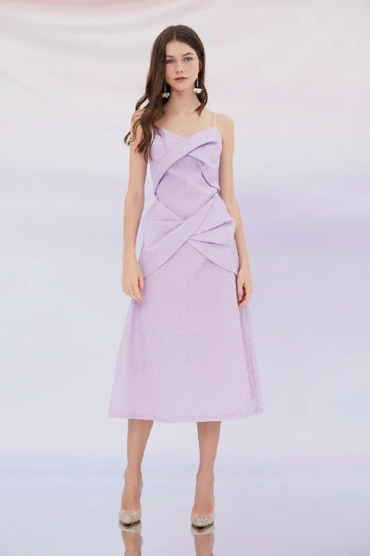 Emilia Bows Detail Straps Midi Dress in Purple