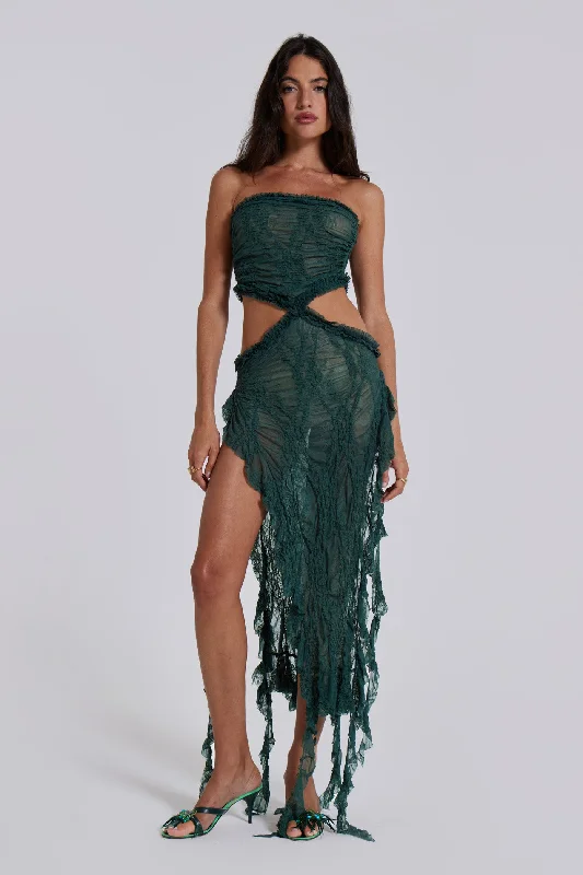 Gaia Scrunch Lace Midi Dress in Forest Green