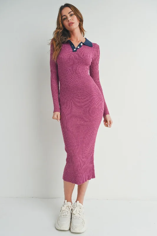 Magenta Collared Button Front Long Sleeve Midi Sweater Dress