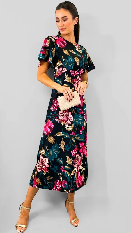 4-A1958 Britney Black/Pink Floral Midi Dress