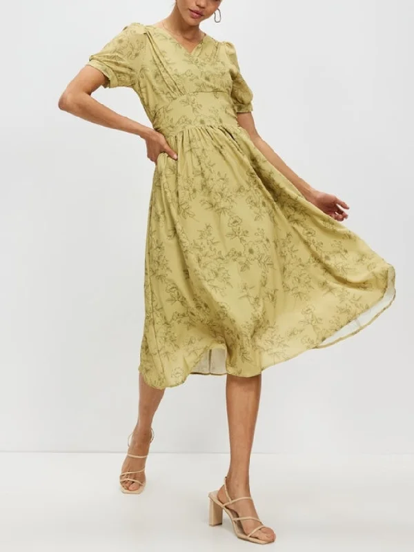 Women's Floral Printed V-Neck Midi Dresses with Belt by Kaja Clothing- Alison Dress